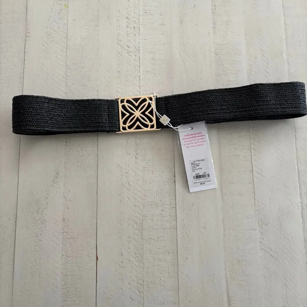 NWT Lilly Pulitzer Arta Woven Straw black and gold Belt Size L/XL